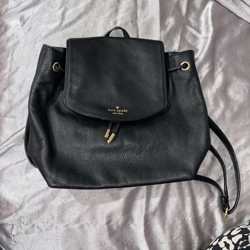 Kate Spade Black Leather Backpack with Gold Accents